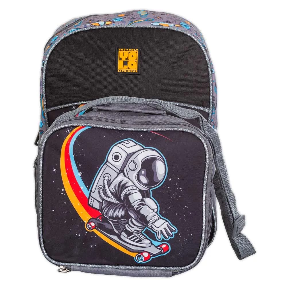 Morral Infantil Gris Con Lonchera  Estampado De Astronauta