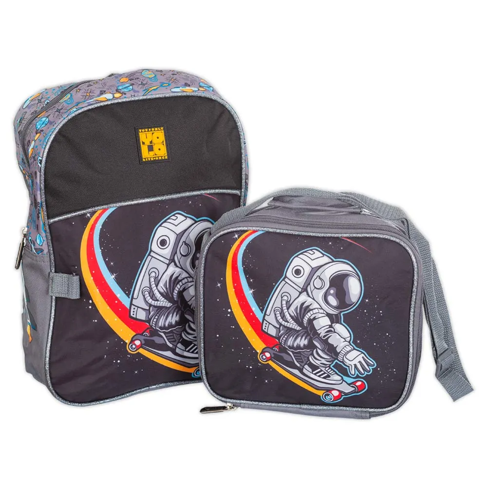 Morral Infantil Gris Con Lonchera  Estampado De Astronauta