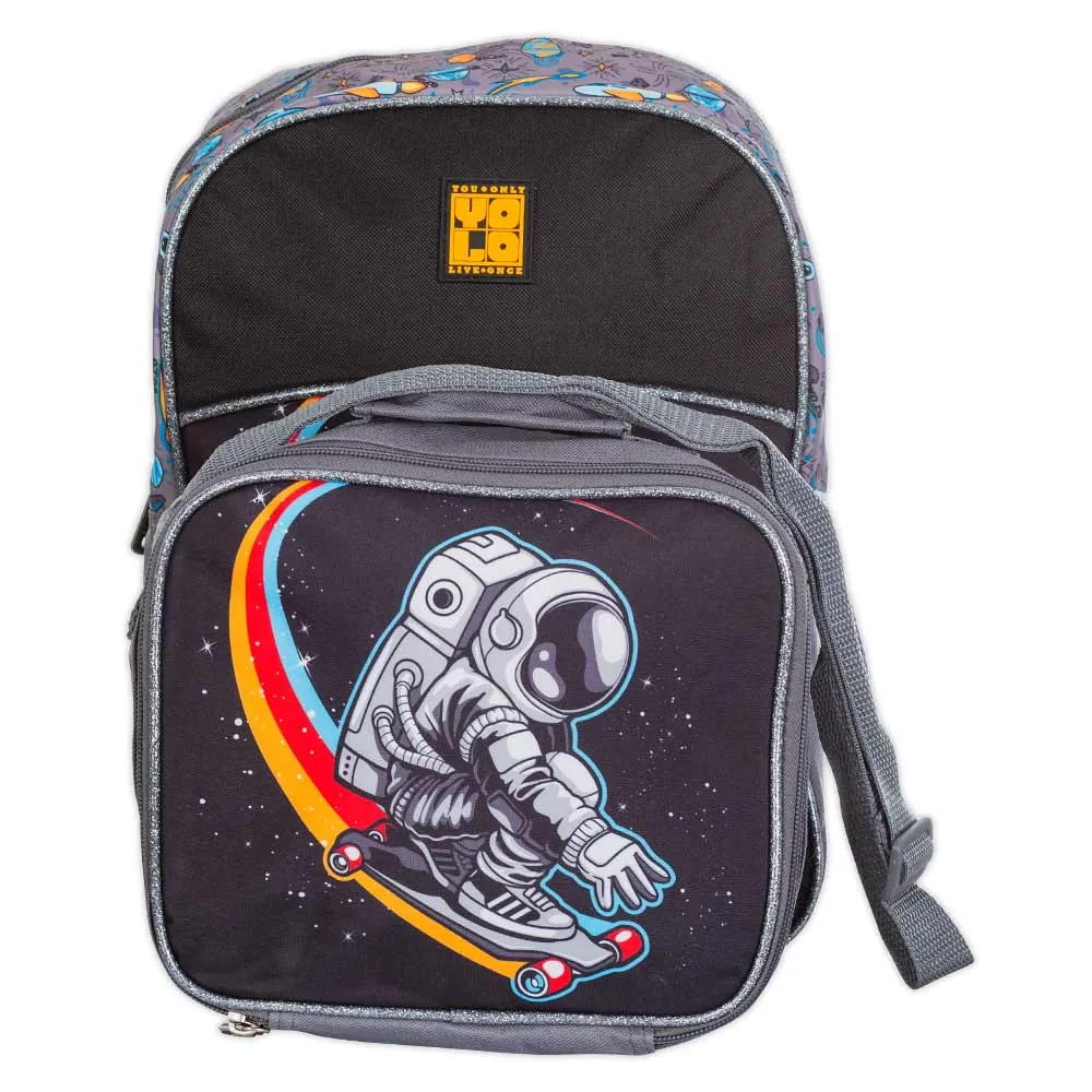 Morral Infantil Gris Con Lonchera  Estampado De Astronauta