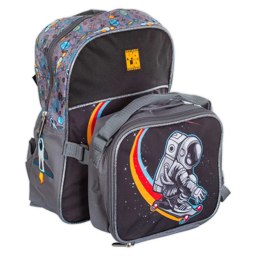 Morral Infantil Gris Con Lonchera  Estampado De Astronauta