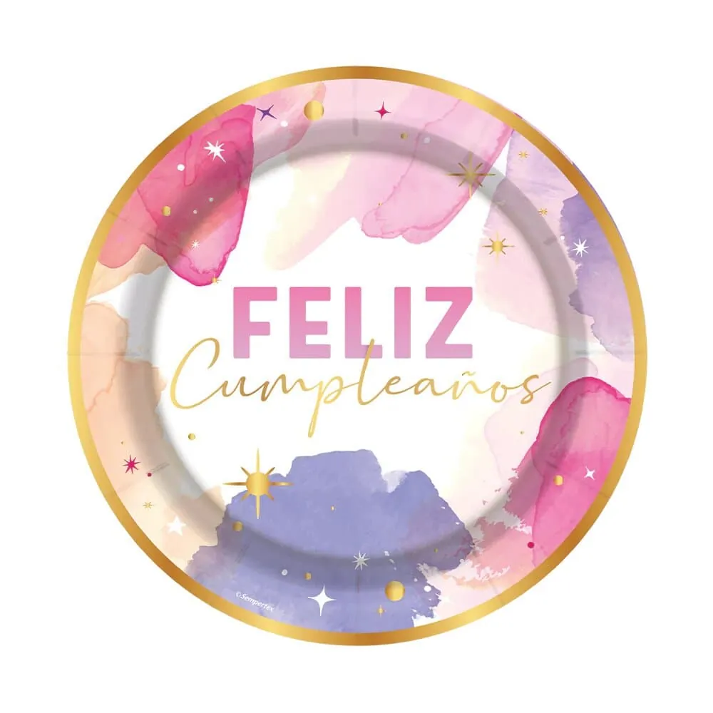 Plato Fiesta Feliz Cumpleaños Acuarela X8