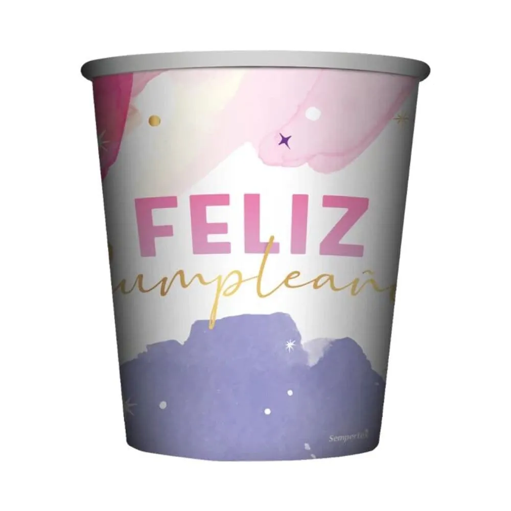 Vaso Fiesta Feliz Cumpleaños Acuarela X8