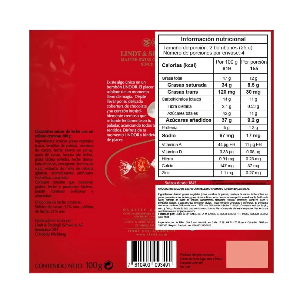 Chocolate Con Lecha Lindor 100 Gr