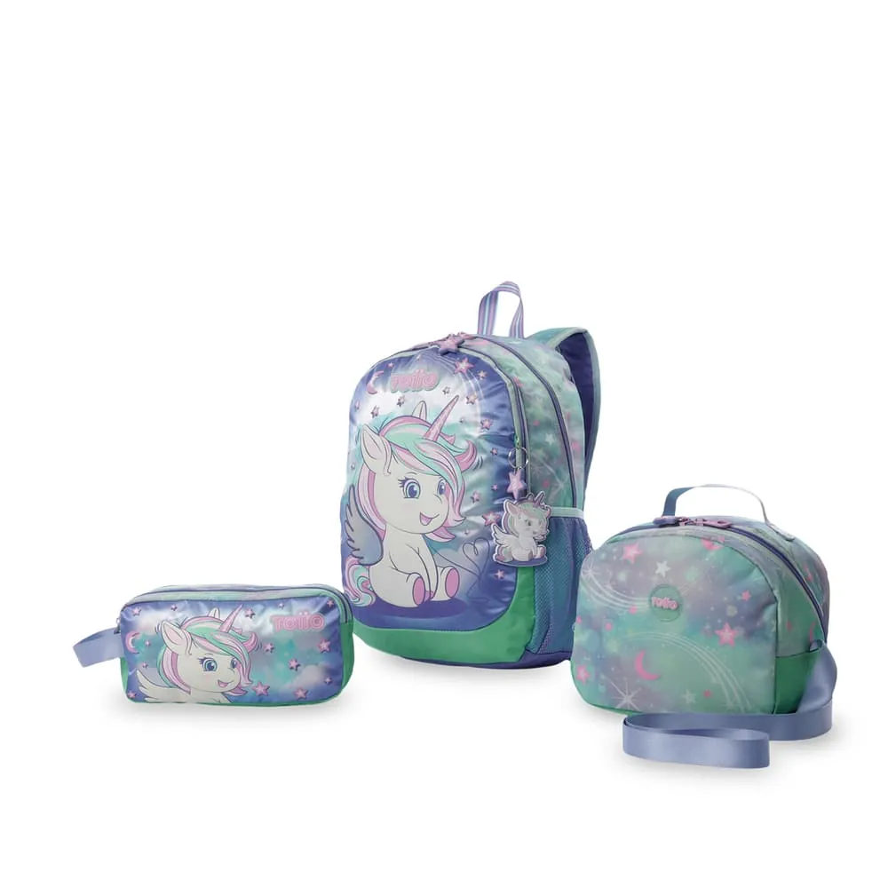 Combo Escolar Niña X3 Morral + Lonchera + Multiuso Magic Dreams Verde